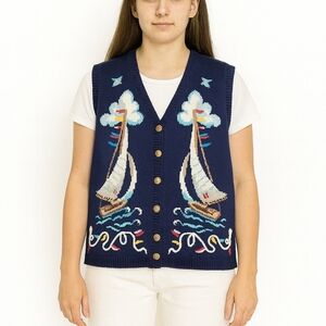 Susan Bristol New Traditions Petites Women's Navy sailing knit vest Size LP